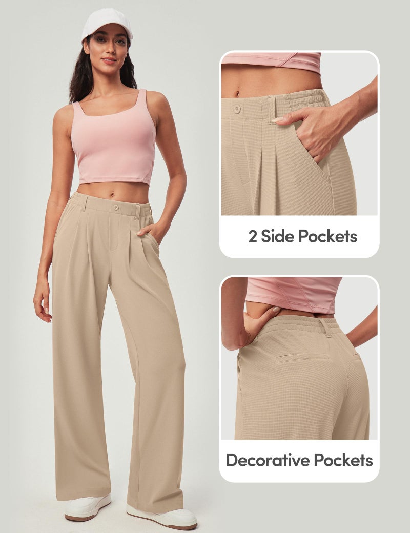 IUGA Wide Leg Pants Woman Pull on Stretchy Work Dress Pants High Waisted Business Casual Trousers Slacks Standard, X-Large, Light Khaki - Image 5