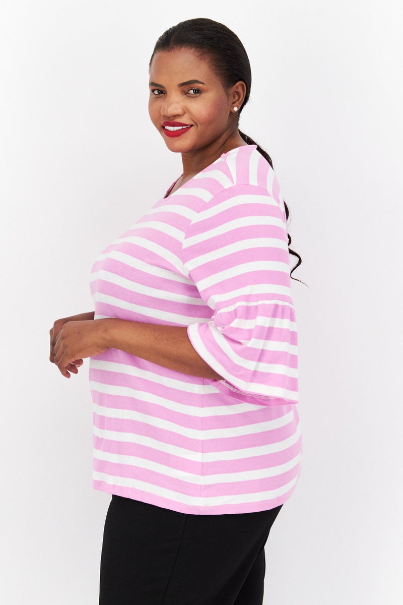 Jones New York Women Plus Size Crew Neck Short Flounce Sleeve Stripe Blouse, Purple - Image 3