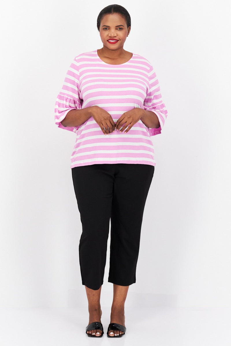 Jones New York Women Plus Size Crew Neck Short Flounce Sleeve Stripe Blouse, Purple - Image 2