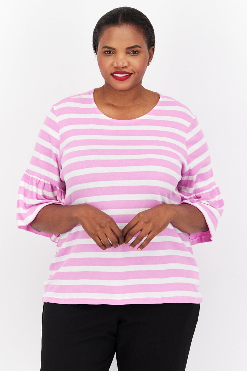 Jones New York Women Plus Size Crew Neck Short Flounce Sleeve Stripe Blouse, Purple - Image 1