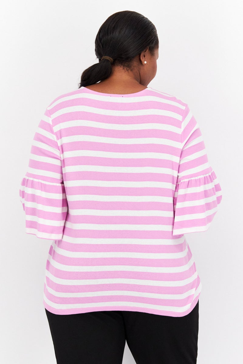 Jones New York Women Plus Size Crew Neck Short Flounce Sleeve Stripe Blouse, Purple - Image 4