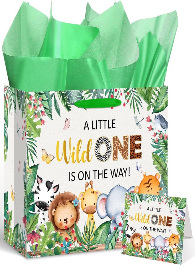 Yoirrat Jungle Animals Baby Shower Birthday Gift Bag for Baby Boys Girls A Little Wild One is On The Way Wrapping Bag with Tissue Paper Card for Newborn Jungle Safari Birthday Baby Shower Gender Reveal - Image 1