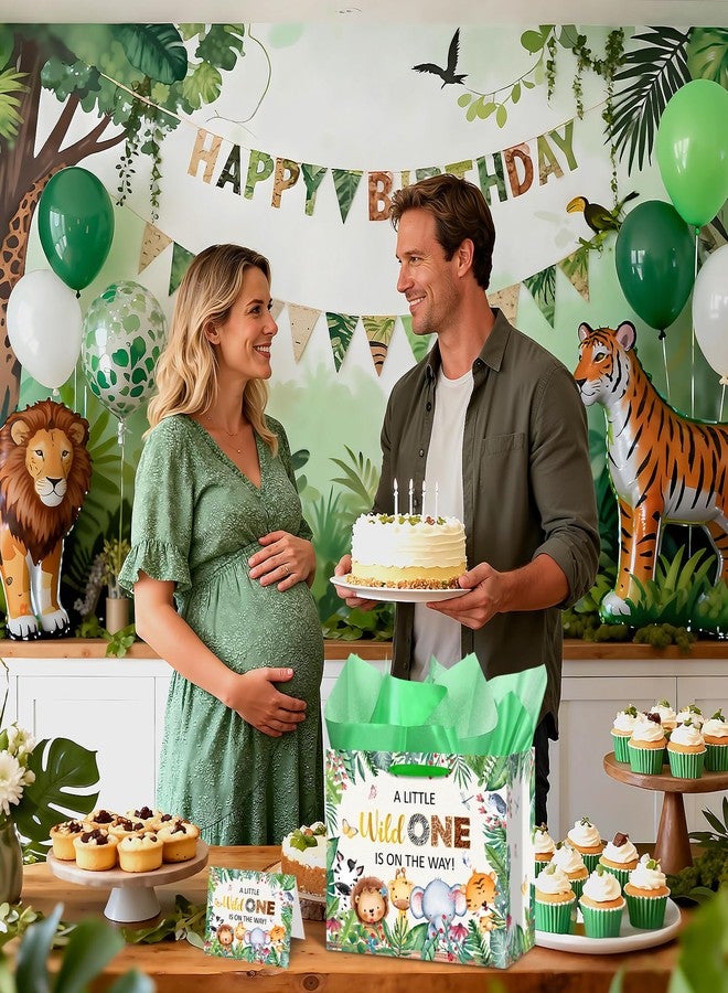 Yoirrat Jungle Animals Baby Shower Birthday Gift Bag for Baby Boys Girls A Little Wild One is On The Way Wrapping Bag with Tissue Paper Card for Newborn Jungle Safari Birthday Baby Shower Gender Reveal - Image 4