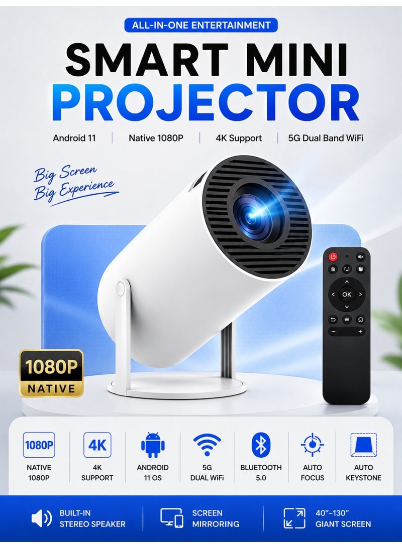 Eworld Smart Mini Projector with Android 11, Native 1080P Full HD, 4K Support, Portable WiFi Bluetooth Projector, Auto Focus, Auto Keystone, 180° Rotatable, HDMI, USB & TF Card for Home Theater, Gaming & Outdoor Movies - Image 1