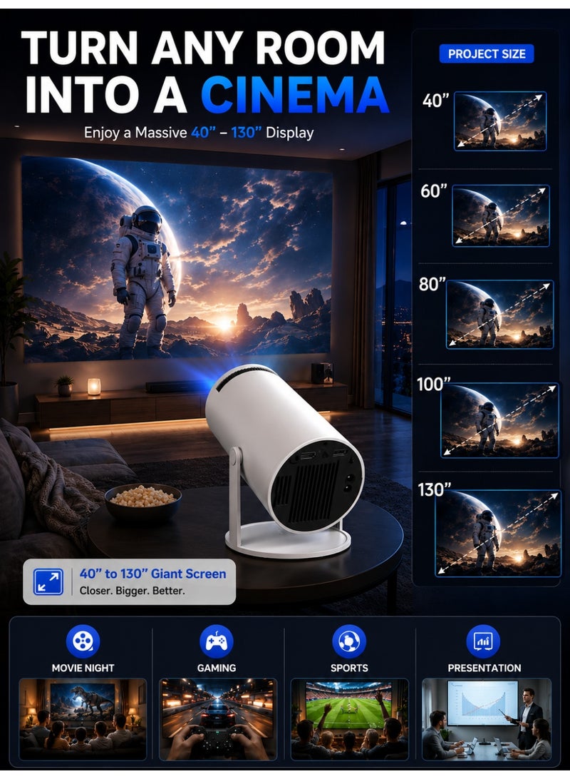 Eworld Smart Mini Projector with Android 11, Native 1080P Full HD, 4K Support, Portable WiFi Bluetooth Projector, Auto Focus, Auto Keystone, 180° Rotatable, HDMI, USB & TF Card for Home Theater, Gaming & Outdoor Movies - Image 2