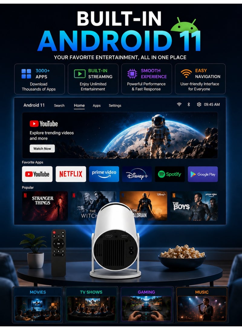 Eworld Smart Mini Projector with Android 11, Native 1080P Full HD, 4K Support, Portable WiFi Bluetooth Projector, Auto Focus, Auto Keystone, 180° Rotatable, HDMI, USB & TF Card for Home Theater, Gaming & Outdoor Movies - Image 3
