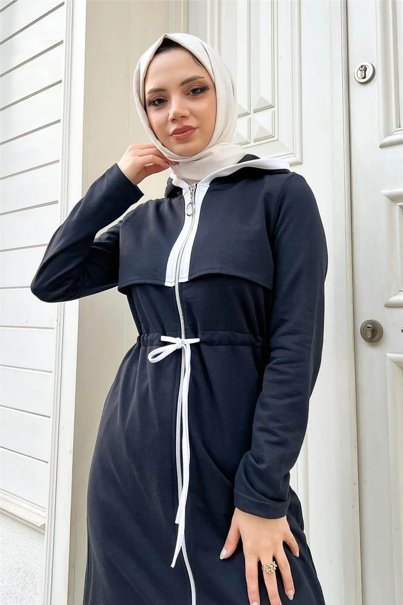 Bwest Hooded Zippered Waist White Laced Plain Basic Two Piece Sportswear Set - 36603 - Navy Blue