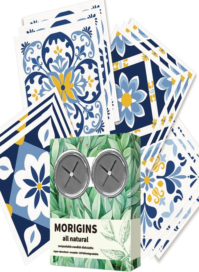 Morigins 12 Pack Swedish Dishcloths with 2 Push Towel Hooks - Reusable Paper Towel Wash Cloths, Microfiber Kitchen Towels,Non Scratch Wire Dishcloth - Blue Set - Image 1