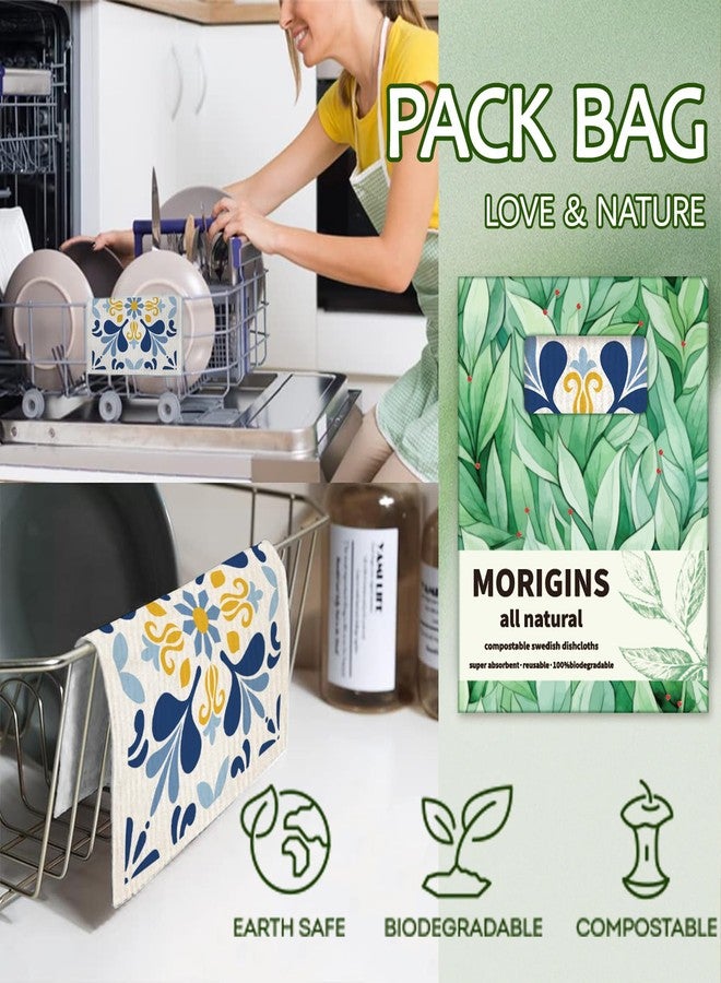 Morigins 12 Pack Swedish Dishcloths with 2 Push Towel Hooks - Reusable Paper Towel Wash Cloths, Microfiber Kitchen Towels,Non Scratch Wire Dishcloth - Blue Set - Image 4