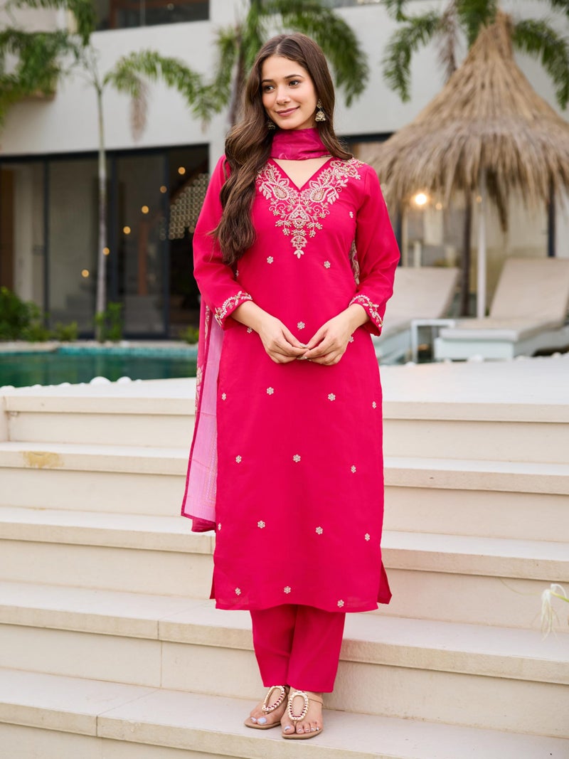 Dwiza Enterprise Women's Roman Silk Val Moti Embroidered Kurta with Pant & Chinon Floral Print Dupatta | 3/4 Sleeves | V-Neck | Calf Length | Regular Fit | Casual & Travel Wear (Pink, XL) - Image 3
