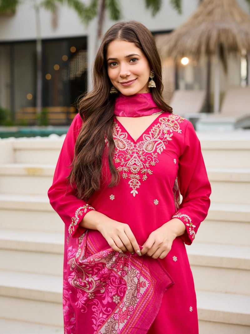 Dwiza Enterprise Women's Roman Silk Val Moti Embroidered Kurta with Pant & Chinon Floral Print Dupatta | 3/4 Sleeves | V-Neck | Calf Length | Regular Fit | Casual & Travel Wear (Pink, XL) - Image 4