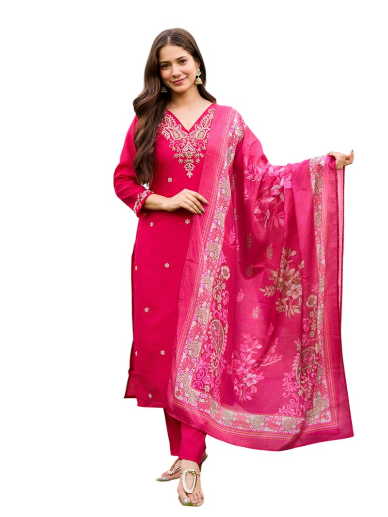 Dwiza Enterprise Women's Roman Silk Val Moti Embroidered Kurta with Pant & Chinon Floral Print Dupatta | 3/4 Sleeves | V-Neck | Calf Length | Regular Fit | Casual & Travel Wear (Pink, XL) - Image 1