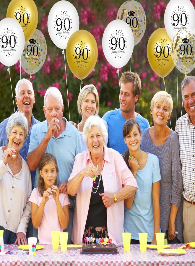 Yoirrat بالونات عيد الميلاد التسعين، 15 قطعة، بالونات ذهبية بيضاء مكتوب عليها "عيد ميلاد سعيد التسعين"، بالونات قصاصات ورقية للرجال والنساء، زينة حفلات عيد الميلاد التسعين، بالونات لاتكس ذهبية بيضاء، لوازم تزيين أعياد الميلاد، 12 بوصة - Image 3