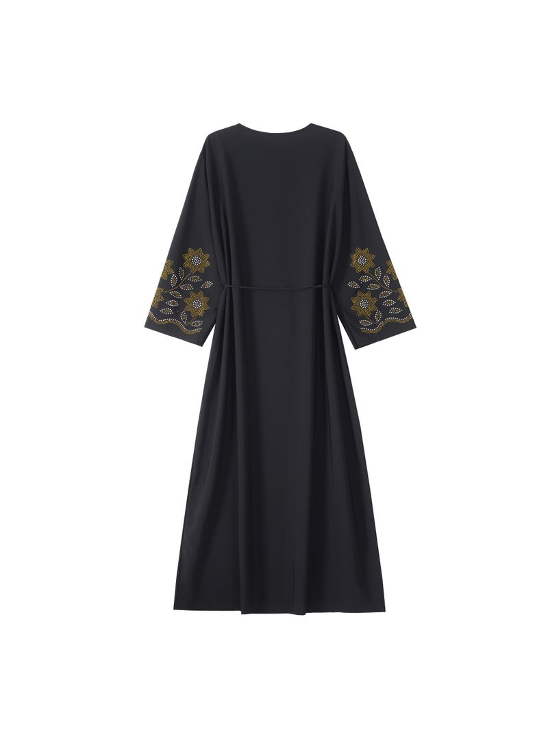 Elegant Floral Black Dress with Gold Dots - Image 2