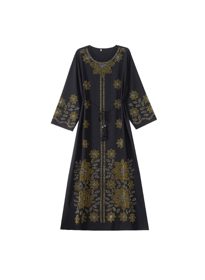 Elegant Floral Black Dress with Gold Dots - Image 1