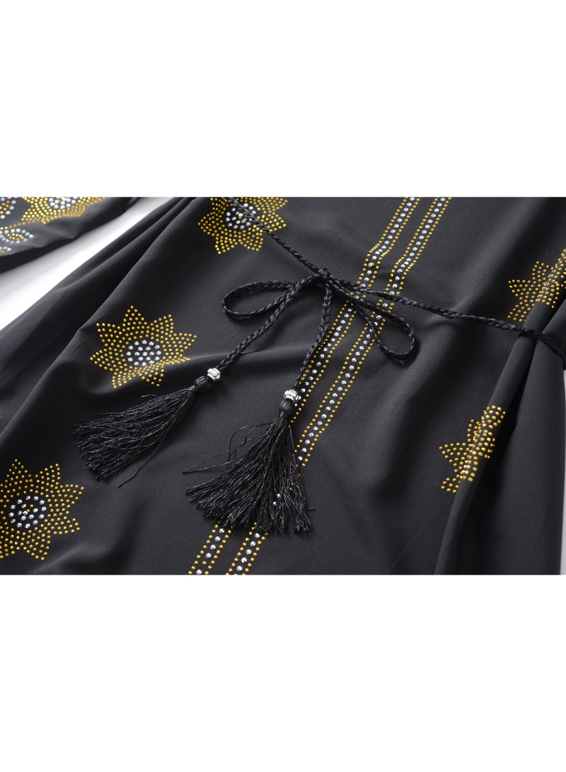 Elegant Floral Black Dress with Gold Dots - Image 4