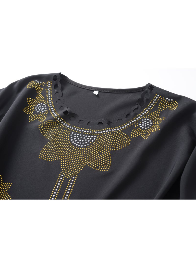 Elegant Floral Black Dress with Gold Dots - Image 3