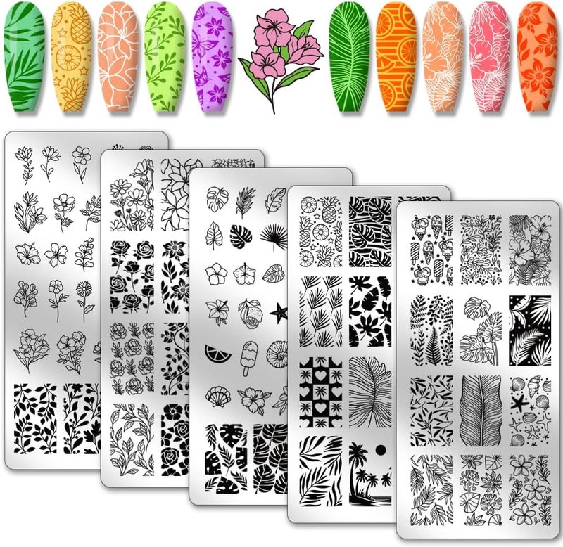 PH PandaHall 5pcs Floral Leaf Nail Art Templates 96 Patterns Plant Nail Stamping Coconut Tree Nail Art Stencils Stainless Steel Nail Image Plates for Spring Nail Design Print Manicure Salon