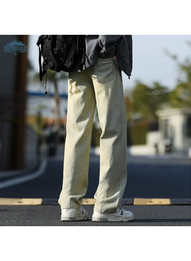 Dingfengbaoluo Men's Spring Loose Straight Leg Jeans American Casual Wide Leg Pants Na74 Yellow Mud Color S - Image 2