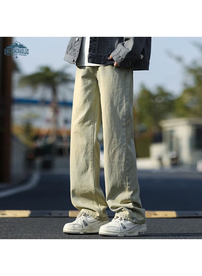 Dingfengbaoluo Men's Spring Loose Straight Leg Jeans American Casual Wide Leg Pants Na74 Yellow Mud Color S - Image 5
