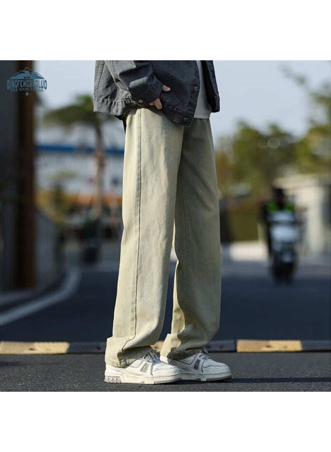 Dingfengbaoluo Men's Spring Loose Straight Leg Jeans American Casual Wide Leg Pants Na74 Yellow Mud Color S - Image 3
