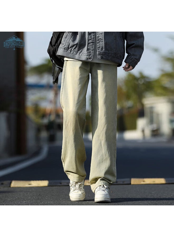Dingfengbaoluo Men's Spring Loose Straight Leg Jeans American Casual Wide Leg Pants Na74 Yellow Mud Color S - Image 1