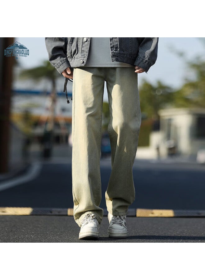 Dingfengbaoluo Men's Spring Loose Straight Leg Jeans American Casual Wide Leg Pants Na74 Yellow Mud Color S - Image 4
