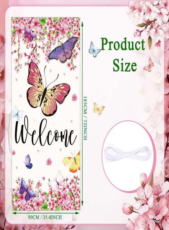 Yoirrat Welcome Spring Door Cover Butterfly Door Banner Decorations Sakura Flowers Front Door Cover Seasonal Spring Summer Porch Banner Sign Photo Background for Indoor Outdoor Party Decor 72.8 x 35.4 Inch - Image 2