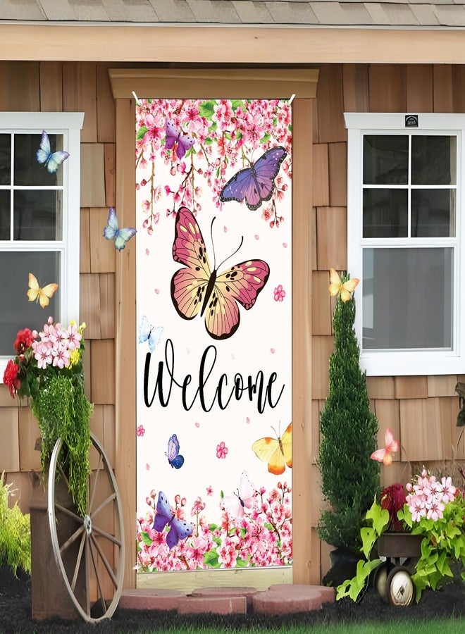 Yoirrat Welcome Spring Door Cover Butterfly Door Banner Decorations Sakura Flowers Front Door Cover Seasonal Spring Summer Porch Banner Sign Photo Background for Indoor Outdoor Party Decor 72.8 x 35.4 Inch - Image 4