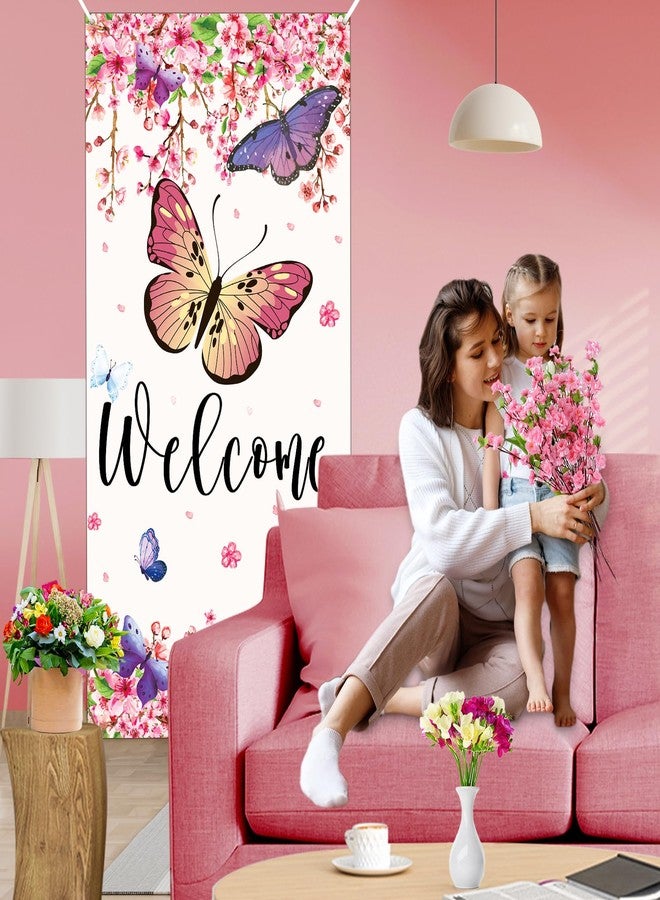 Yoirrat Welcome Spring Door Cover Butterfly Door Banner Decorations Sakura Flowers Front Door Cover Seasonal Spring Summer Porch Banner Sign Photo Background for Indoor Outdoor Party Decor 72.8 x 35.4 Inch - Image 5