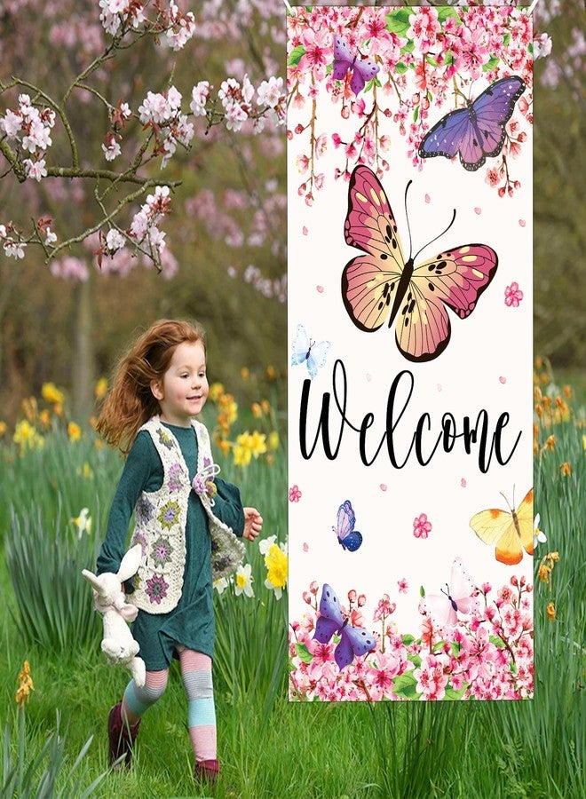 Yoirrat Welcome Spring Door Cover Butterfly Door Banner Decorations Sakura Flowers Front Door Cover Seasonal Spring Summer Porch Banner Sign Photo Background for Indoor Outdoor Party Decor 72.8 x 35.4 Inch - Image 3