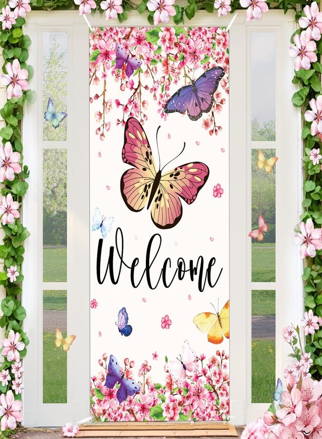 Yoirrat Welcome Spring Door Cover Butterfly Door Banner Decorations Sakura Flowers Front Door Cover Seasonal Spring Summer Porch Banner Sign Photo Background for Indoor Outdoor Party Decor 72.8 x 35.4 Inch - Image 1