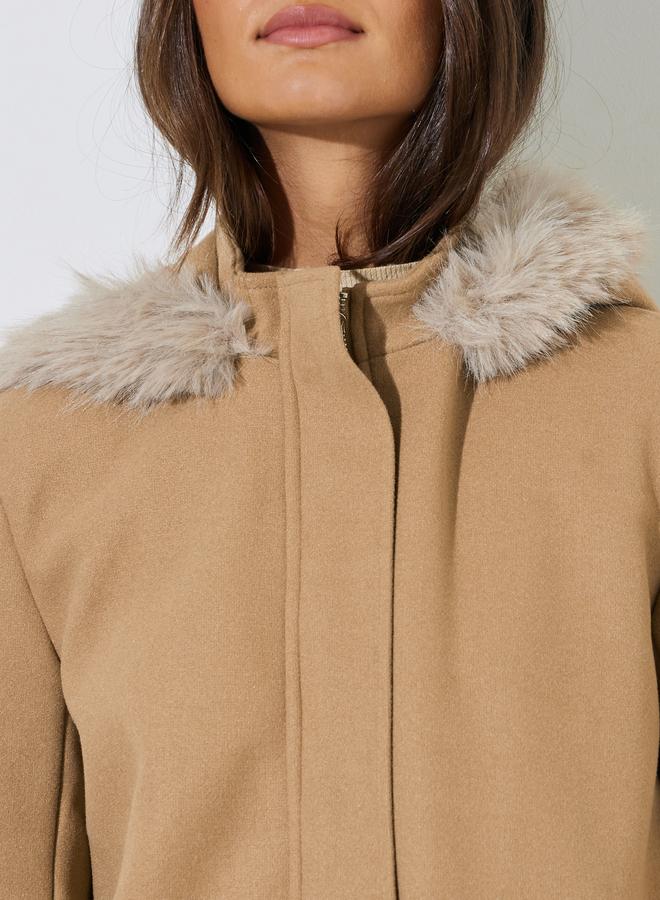 Styli Brown Longline Wool Like Coat with Faux Fur Trim - Image 3