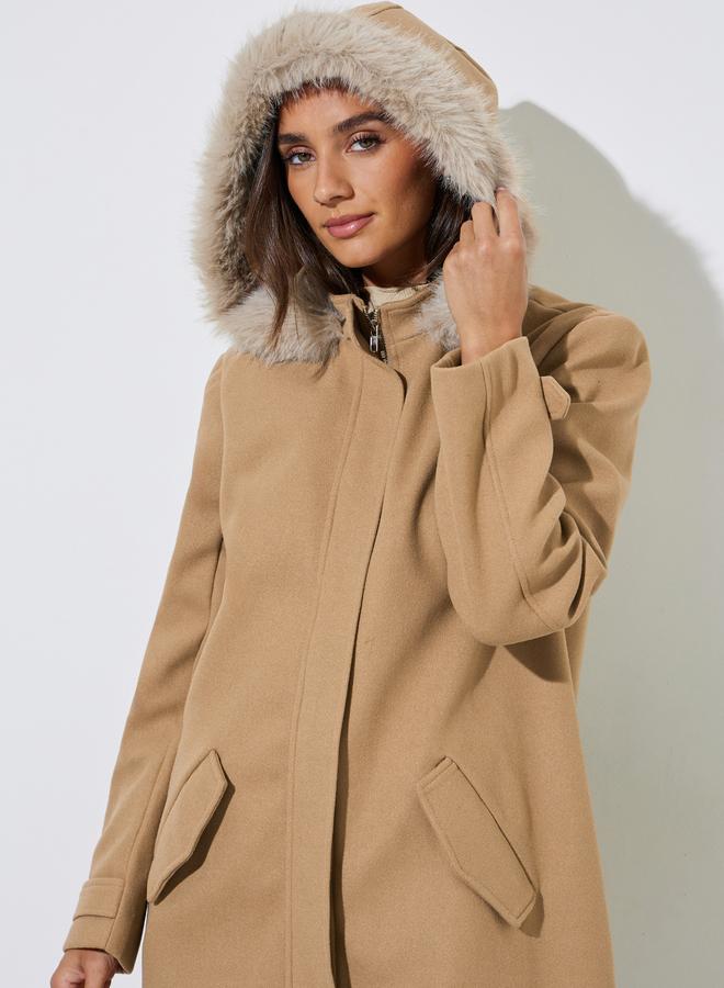 Styli Brown Longline Wool Like Coat with Faux Fur Trim - Image 1