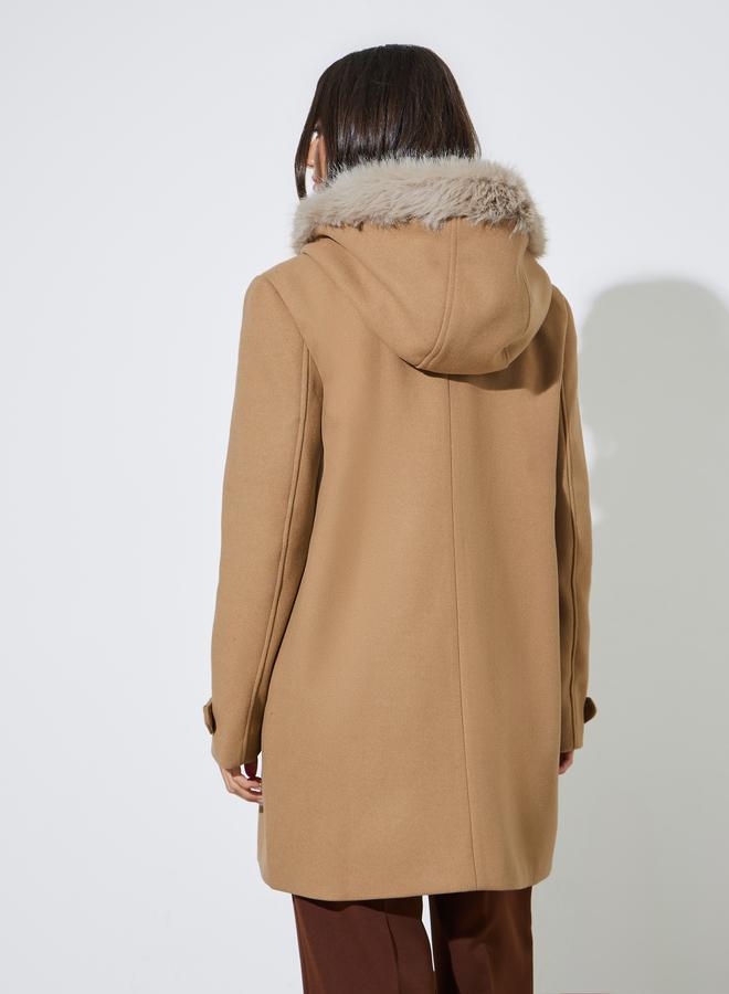 Styli Brown Longline Wool Like Coat with Faux Fur Trim - Image 4