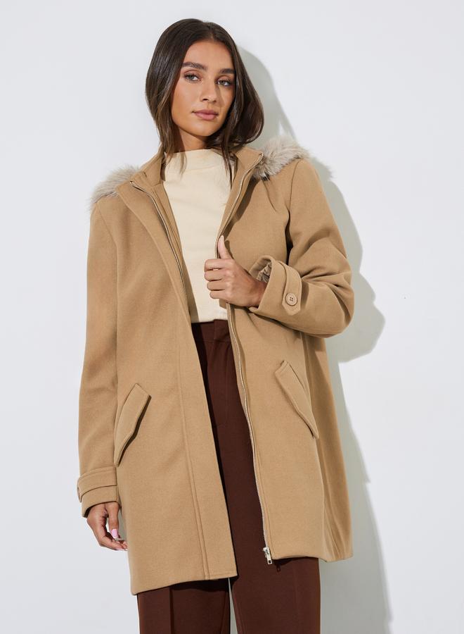 Styli Brown Longline Wool Like Coat with Faux Fur Trim - Image 5