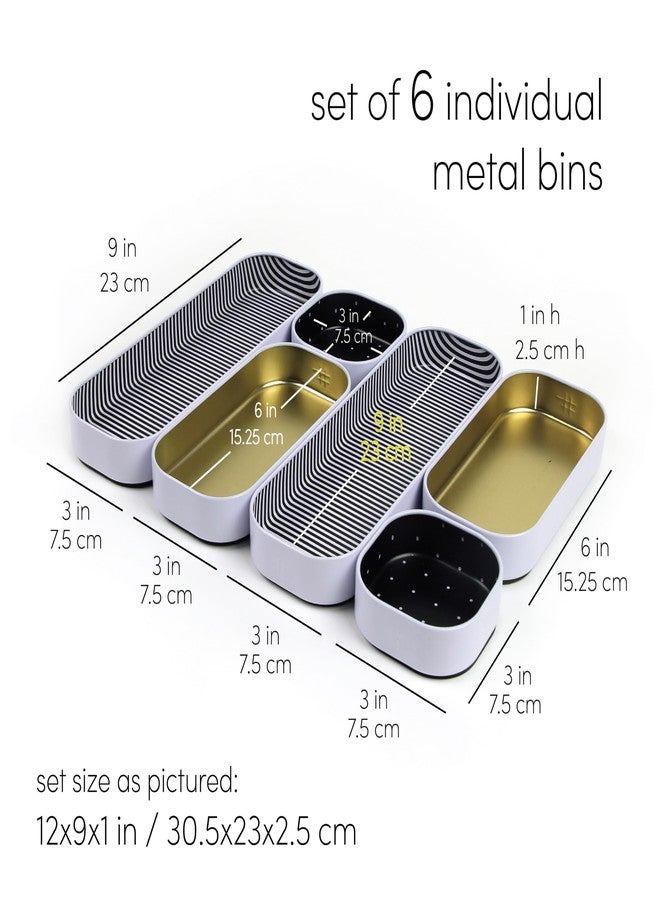 Three by Three Seattle 6 Piece Shallow Metal Organizer Tray Set for Storing Makeup, Stationery, Utensils, and More in Office Desk, Kitchen and Bathroom Drawers (1 Inch, Gold Dots and Stripes) - Image 3