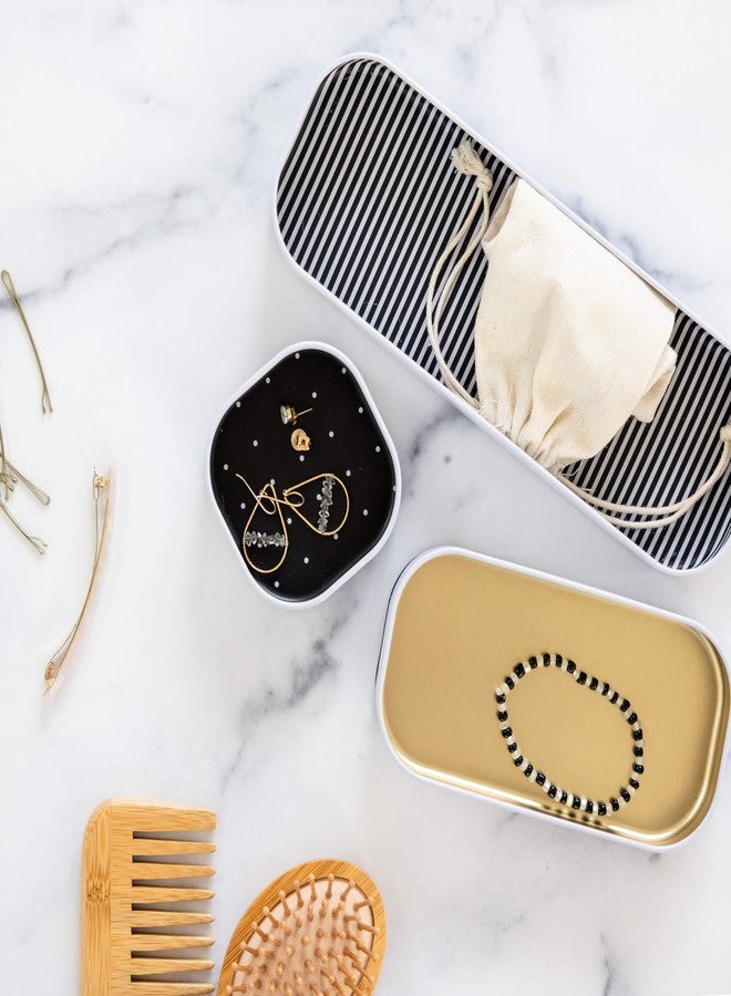 Three by Three Seattle 6 Piece Shallow Metal Organizer Tray Set for Storing Makeup, Stationery, Utensils, and More in Office Desk, Kitchen and Bathroom Drawers (1 Inch, Gold Dots and Stripes) - Image 2