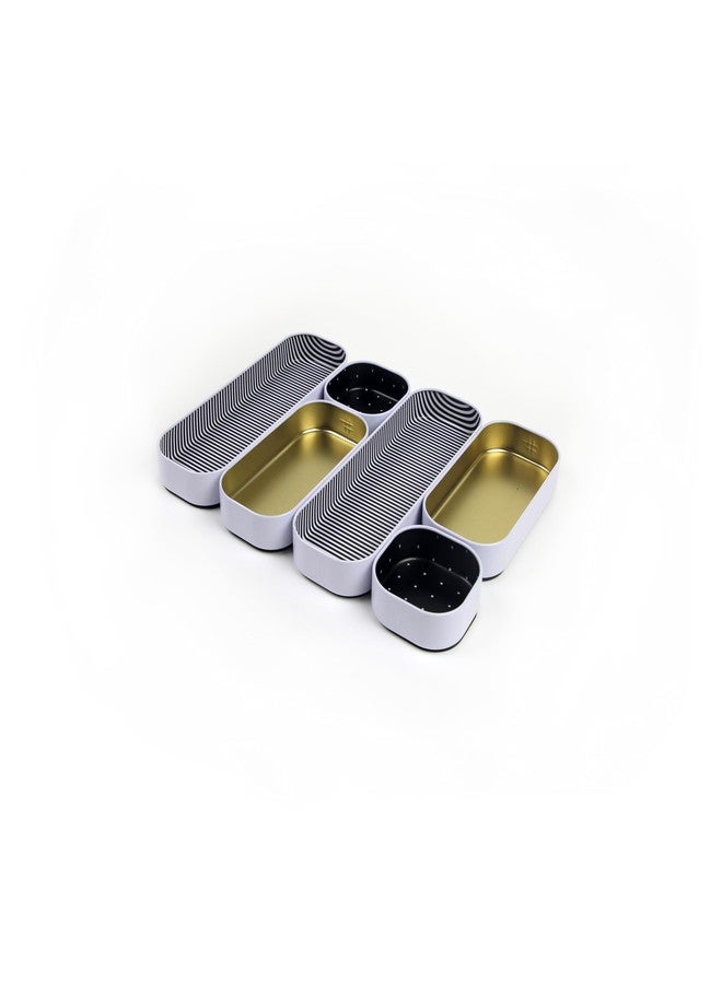 Three by Three Seattle 6 Piece Shallow Metal Organizer Tray Set for Storing Makeup, Stationery, Utensils, and More in Office Desk, Kitchen and Bathroom Drawers (1 Inch, Gold Dots and Stripes) - Image 1
