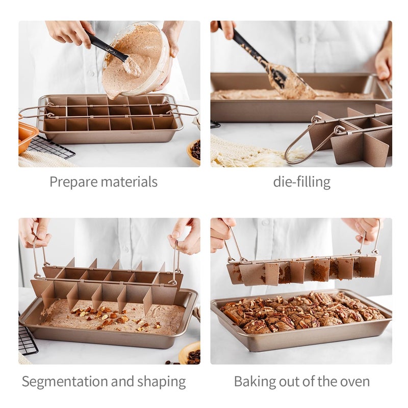 ROFROX Brownie Pan with Dividers with Cutter Rectangular Cake, Non-stick Stainless Steel Brownie Baking Pan, Mold with Divider Grid for Brownies, Cakes, Bread, Baking Tool - Image 3