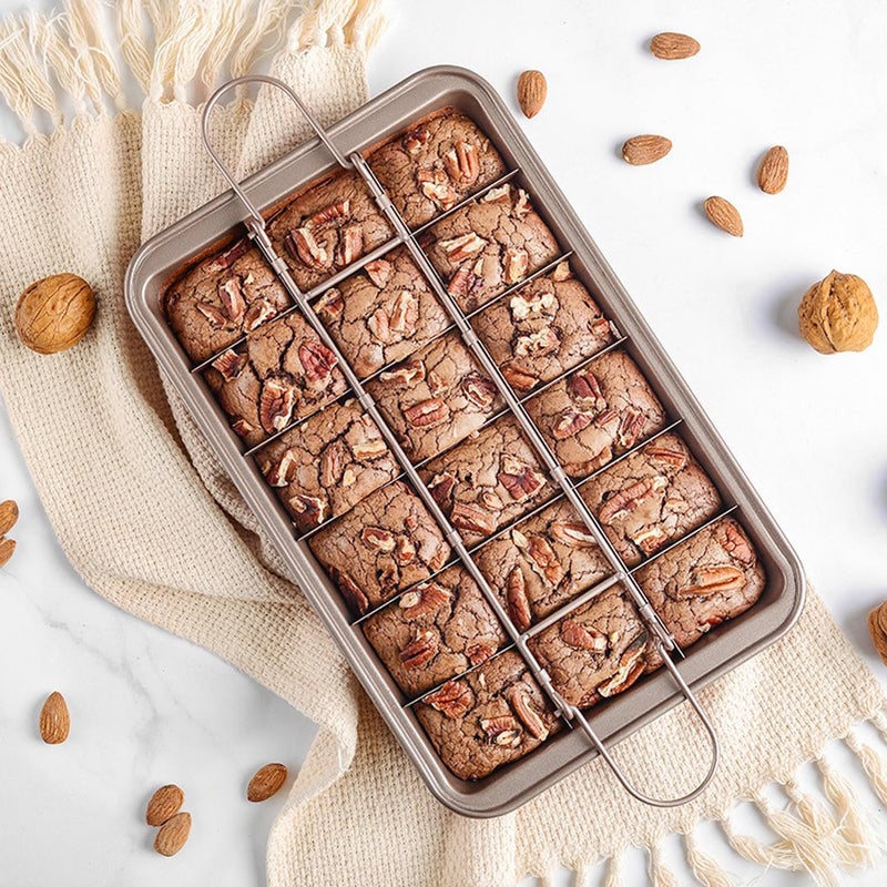 ROFROX Brownie Pan with Dividers with Cutter Rectangular Cake, Non-stick Stainless Steel Brownie Baking Pan, Mold with Divider Grid for Brownies, Cakes, Bread, Baking Tool - Image 2