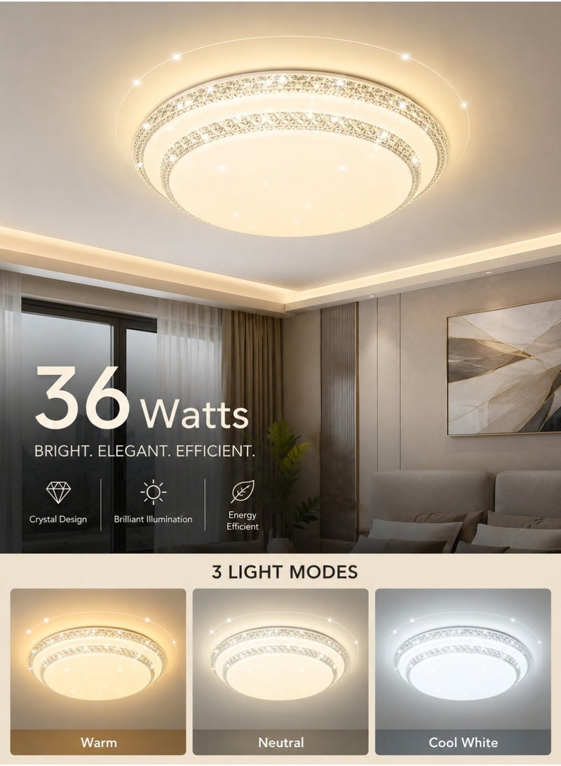 مودي مصباح سقف كريستالي LED بقوة 36 واط، قطر 400 مم، إضاءة 3000 لومن، مصباح سقف دائري من الأكريليك، شعاع عريض 120 درجة، يعمل بجهد 220-240 فولت تيار متردد، مصباح سقف أبيض عصري مزخرف لغرفة النوم وغرفة المعيشة والردهة - Image 1