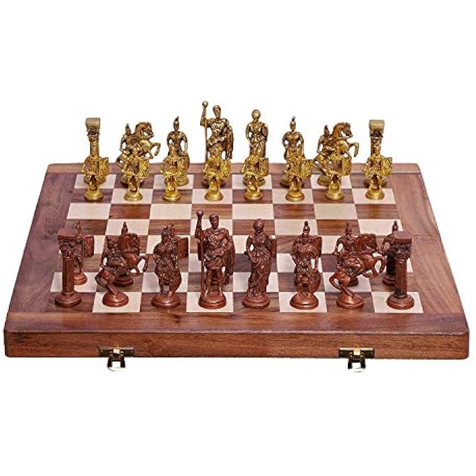 Artvarko 16x16 خشبية قابلة للطي لعبة الشطرنج مجموعة النحاس الروماني الشكل قطع لإهداء ديكور المنزل اللعب - Image 1