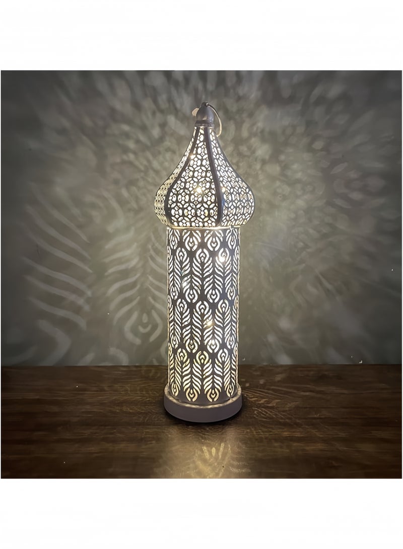 GGEROU Antique Moroccan Lantern Lamp, Decorative Candle Holders, Battery Operated Iron Table Lamp Moroccan Lantern for Ramadan Decorations, Home Decor, Outdoor Patio or Porch (White,L) - Image 1