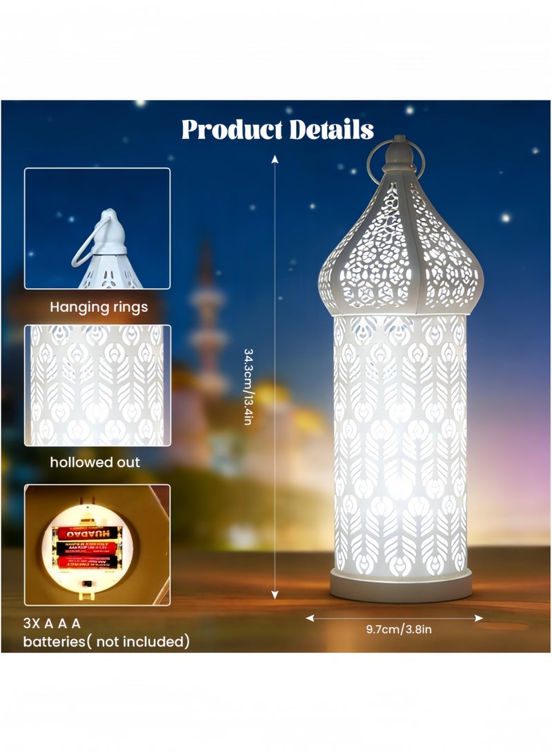 GGEROU Antique Moroccan Lantern Lamp, Decorative Candle Holders, Battery Operated Iron Table Lamp Moroccan Lantern for Ramadan Decorations, Home Decor, Outdoor Patio or Porch (White,L) - Image 3