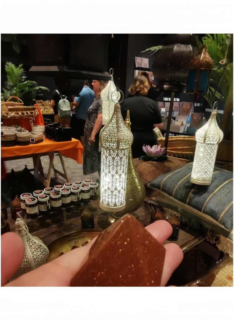 GGEROU Antique Moroccan Lantern Lamp, Decorative Candle Holders, Battery Operated Iron Table Lamp Moroccan Lantern for Ramadan Decorations, Home Decor, Outdoor Patio or Porch (White,L) - Image 5