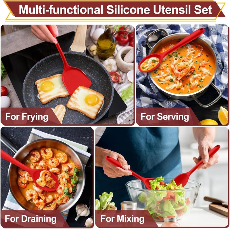 P&P CHEF Kitchen Utensil Set, 4 Pieces Non-stick Silicone Cooking Utensils, Heat-resistant Slotted Solid Spoon Turner for Frying, Mixing, Serving, Non-toxic & Easy to Clean, Red - Image 5