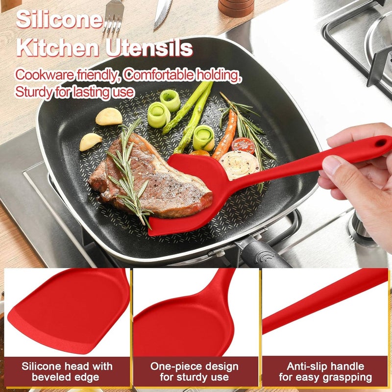 P&P CHEF Kitchen Utensil Set, 4 Pieces Non-stick Silicone Cooking Utensils, Heat-resistant Slotted Solid Spoon Turner for Frying, Mixing, Serving, Non-toxic & Easy to Clean, Red - Image 3
