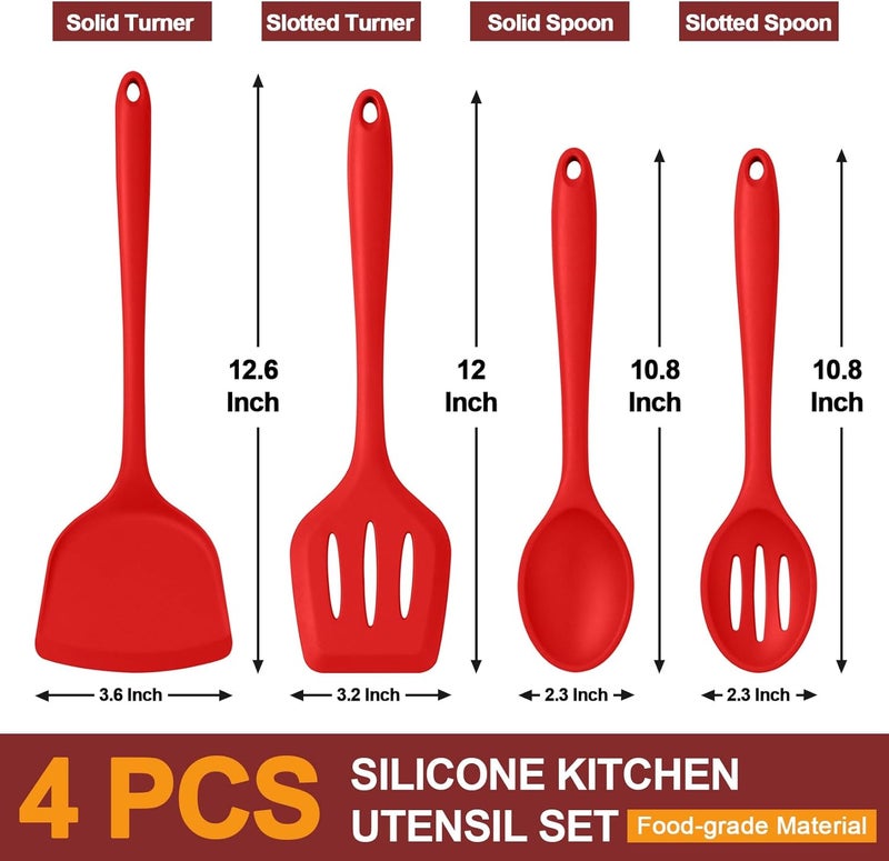 P&P CHEF Kitchen Utensil Set, 4 Pieces Non-stick Silicone Cooking Utensils, Heat-resistant Slotted Solid Spoon Turner for Frying, Mixing, Serving, Non-toxic & Easy to Clean, Red - Image 2