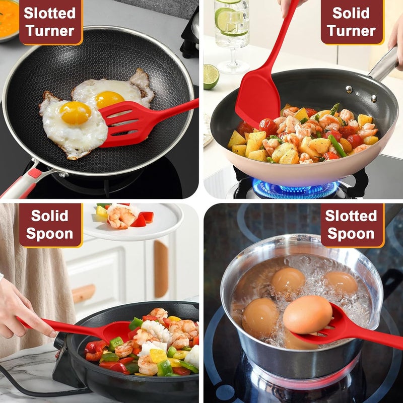 P&P CHEF Kitchen Utensil Set, 4 Pieces Non-stick Silicone Cooking Utensils, Heat-resistant Slotted Solid Spoon Turner for Frying, Mixing, Serving, Non-toxic & Easy to Clean, Red - Image 4